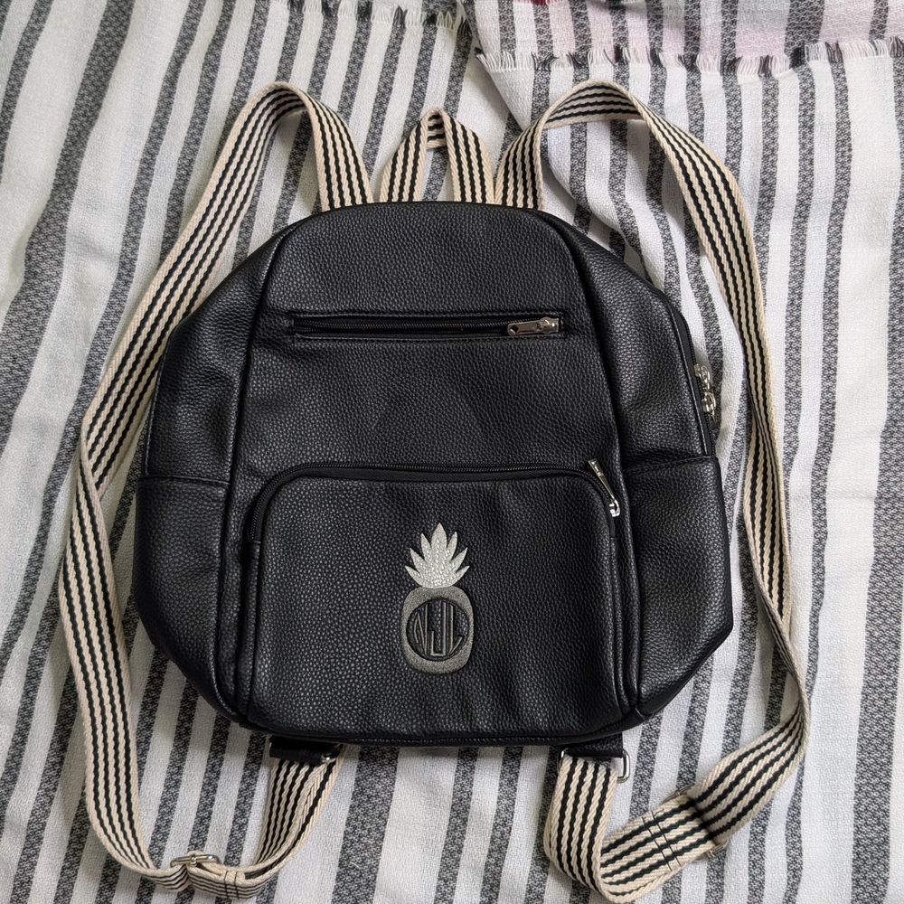 Black Leather Backpack with Pineapple Logo